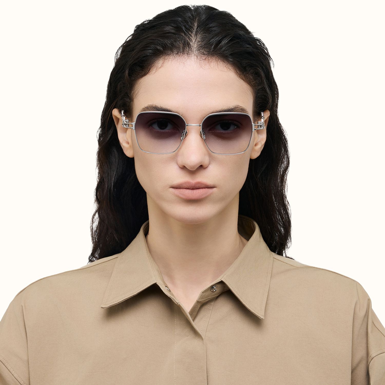 model wearing The Architect - Rectangle Silver Sunglasses 1
