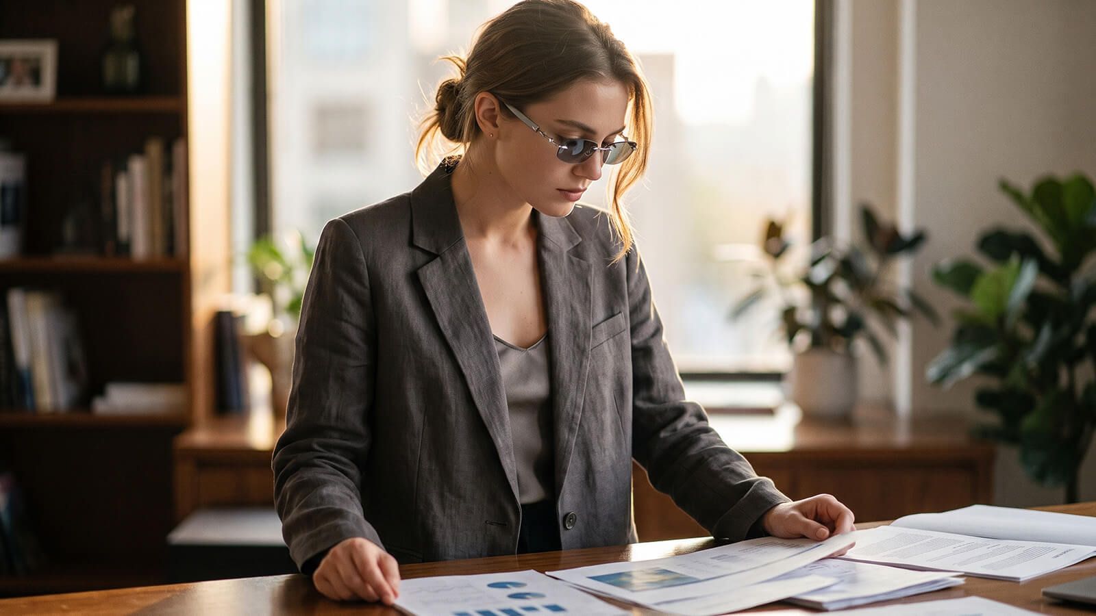 office siren style lady with grey tinted rimless metal frame