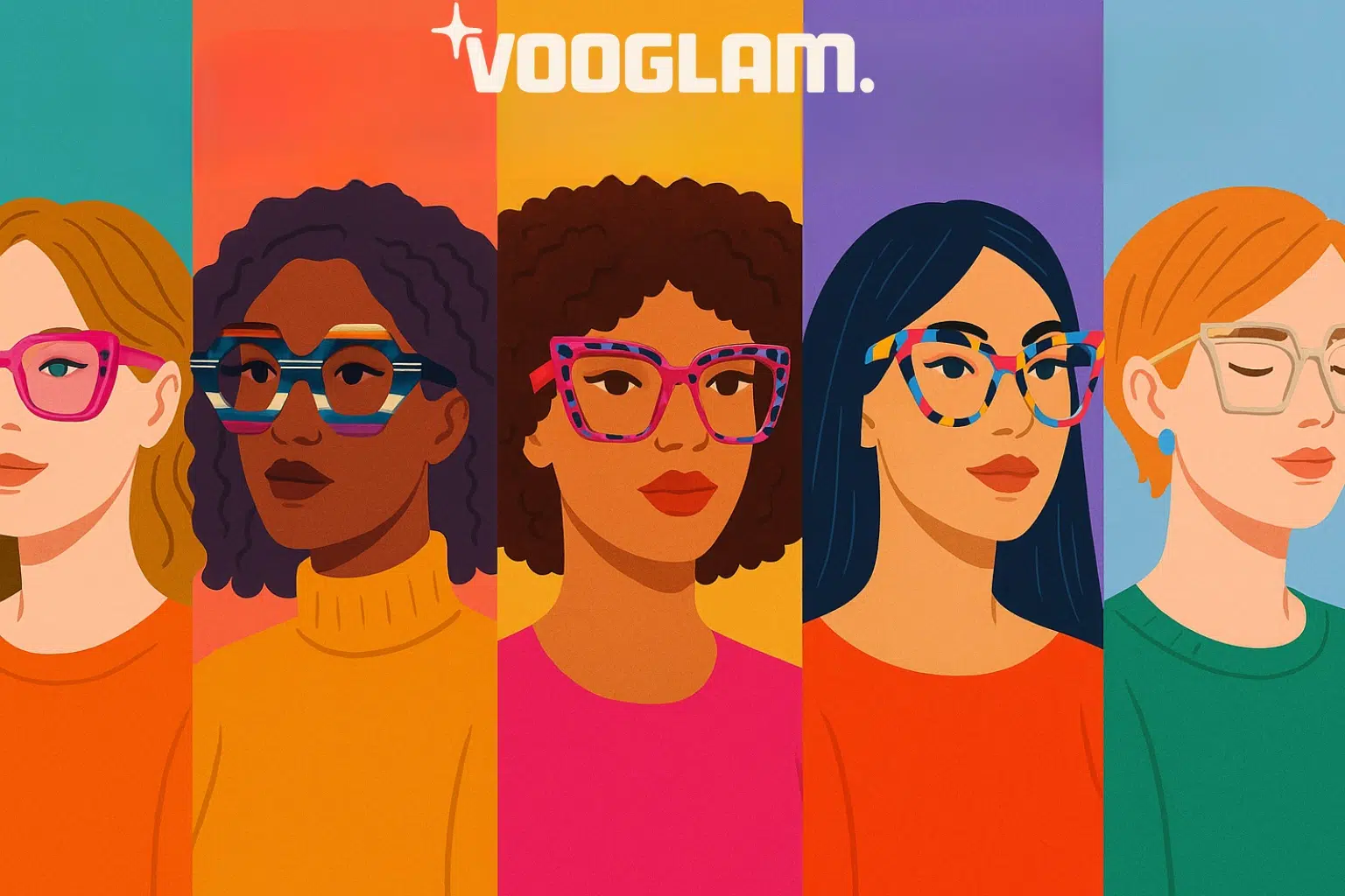 colorful illustration representing vooglam rebranding with diverse women wearing subculture glasses and avant garde glasses