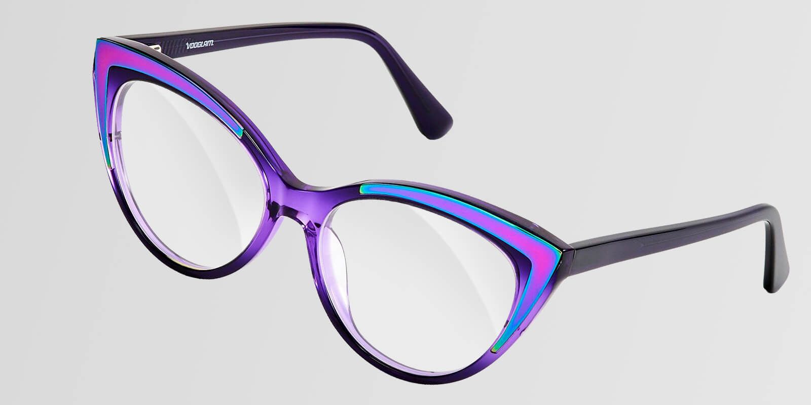 Vooglam futuristic frames in purple cat eye style with iridescent edges for edm festival eyewear fans