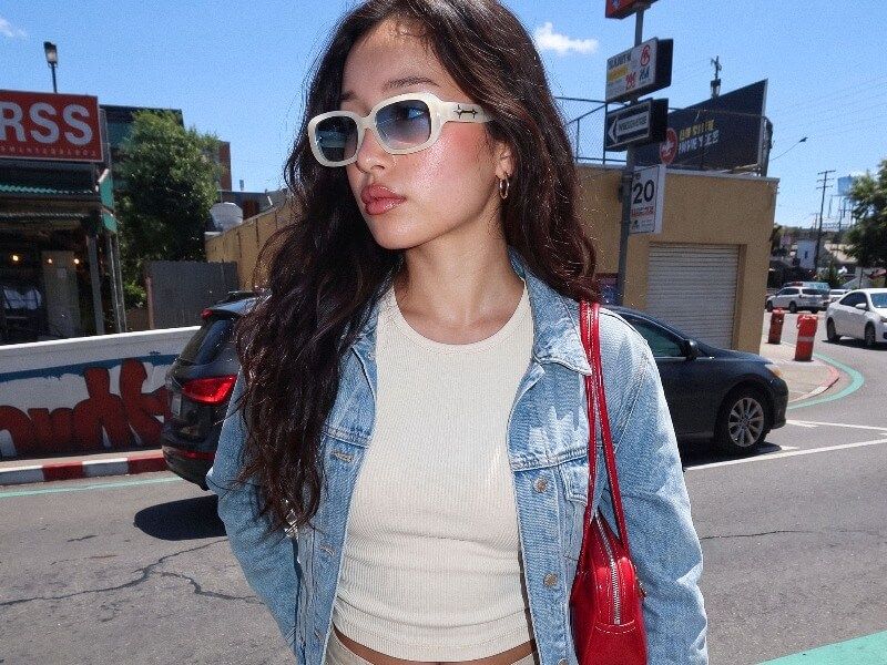 minimalist y2k style wearing with vooglam pearlescent white y2k star glasses