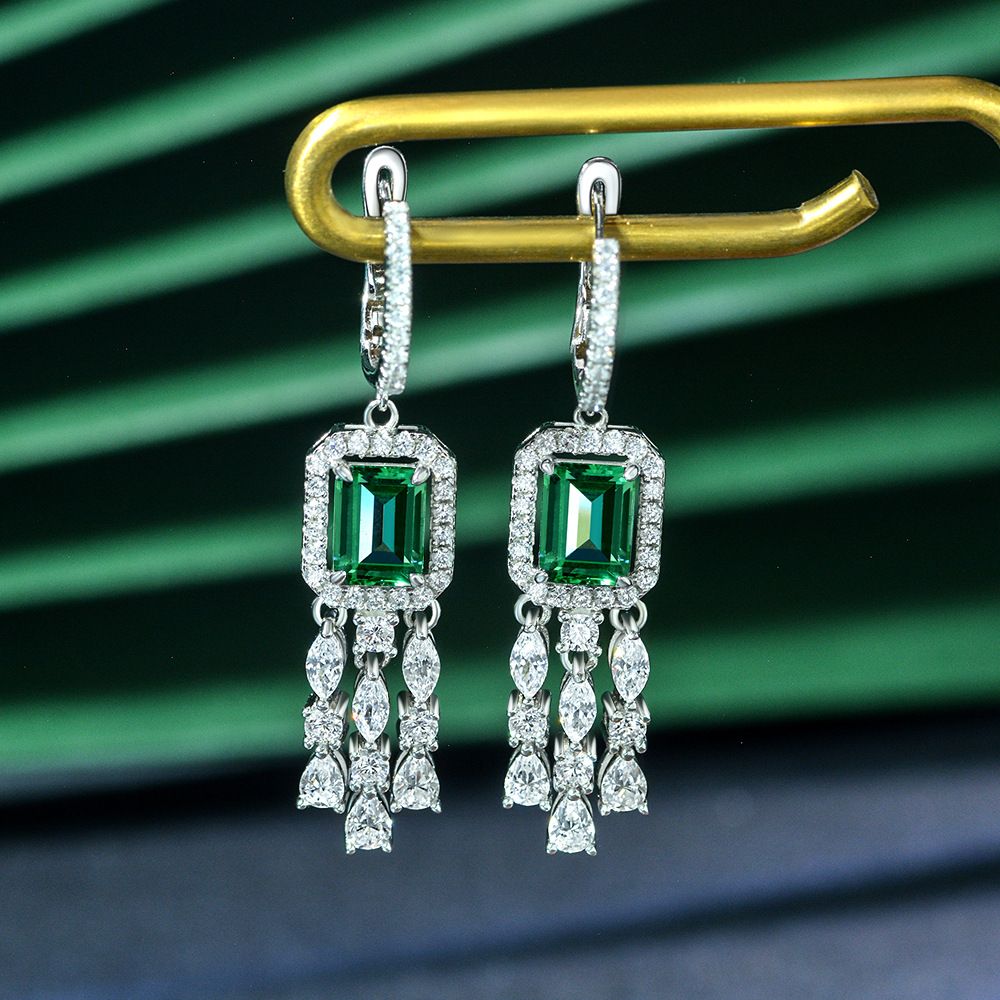 Pretty Emerald Green Rectangle Pierced Earrings | Vooglam On Model 1