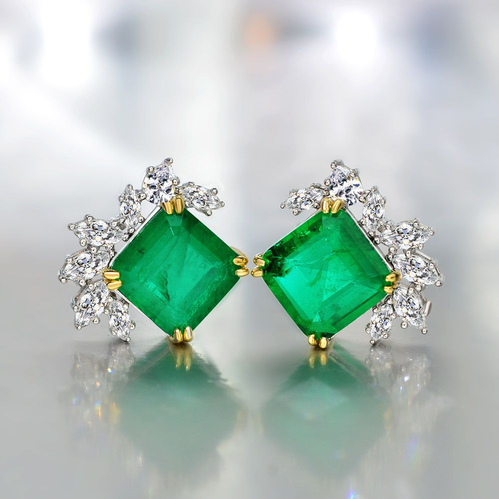 Emerald Green Rhombus Stud Pierced Earrings by Vooglam - On Model