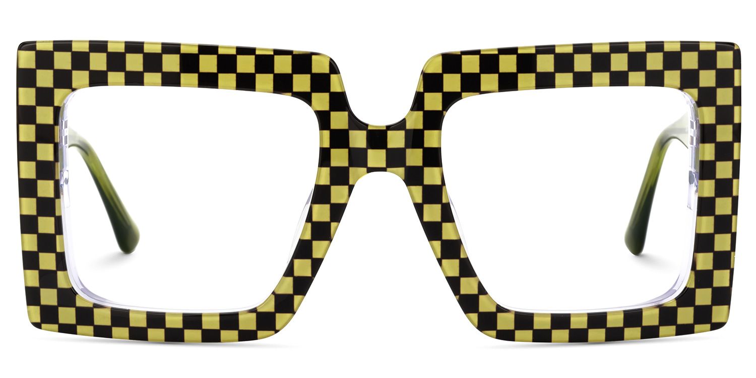 Ferial - Retro Green & Black Checkered Glasses by Vooglam - Angle View
