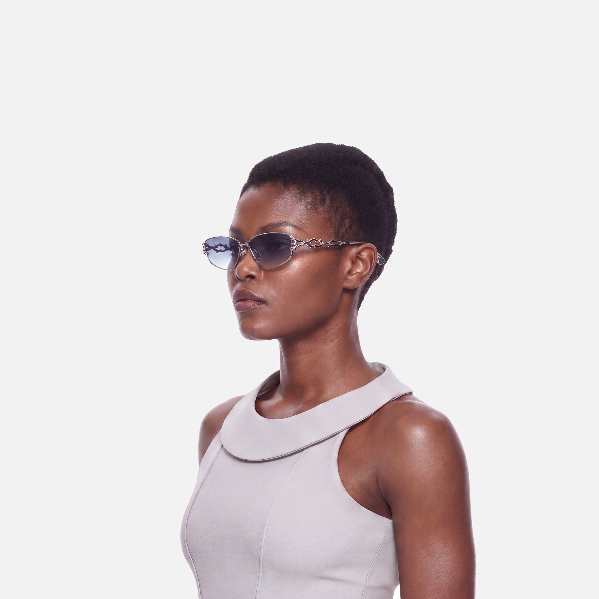 Spine - Silver Thorn Geometric Sunglasses by Vooglam - Side View On Model
