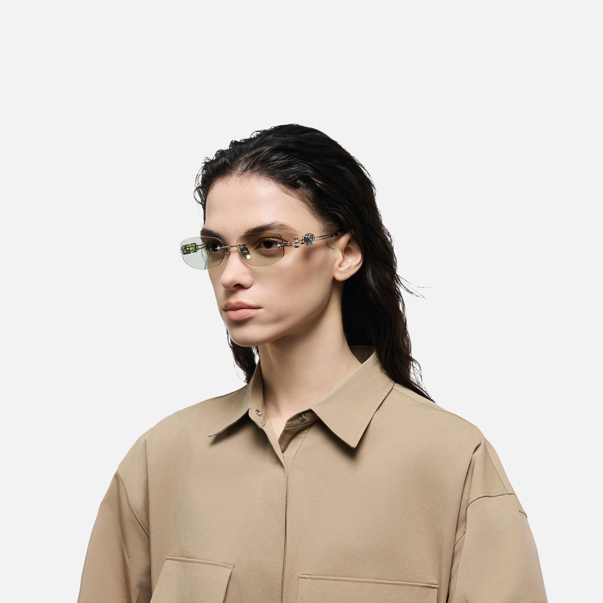 The Utilitarian - Asymmetric Green Tint Sunglasses | Vooglam On Model 3