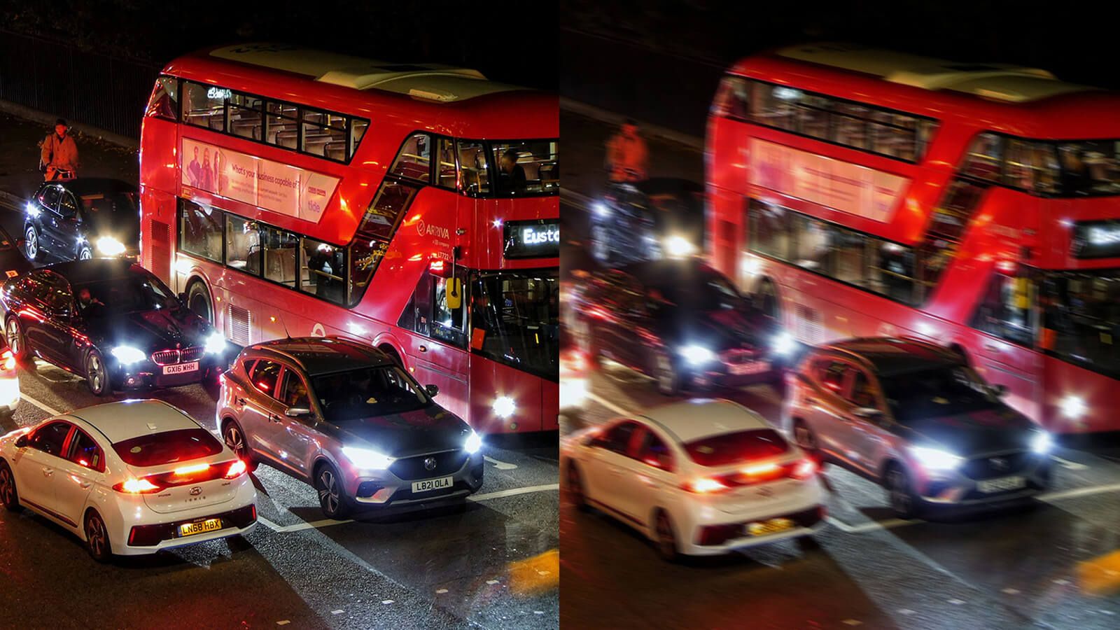 comparison of night traffic showing blurry vision causes