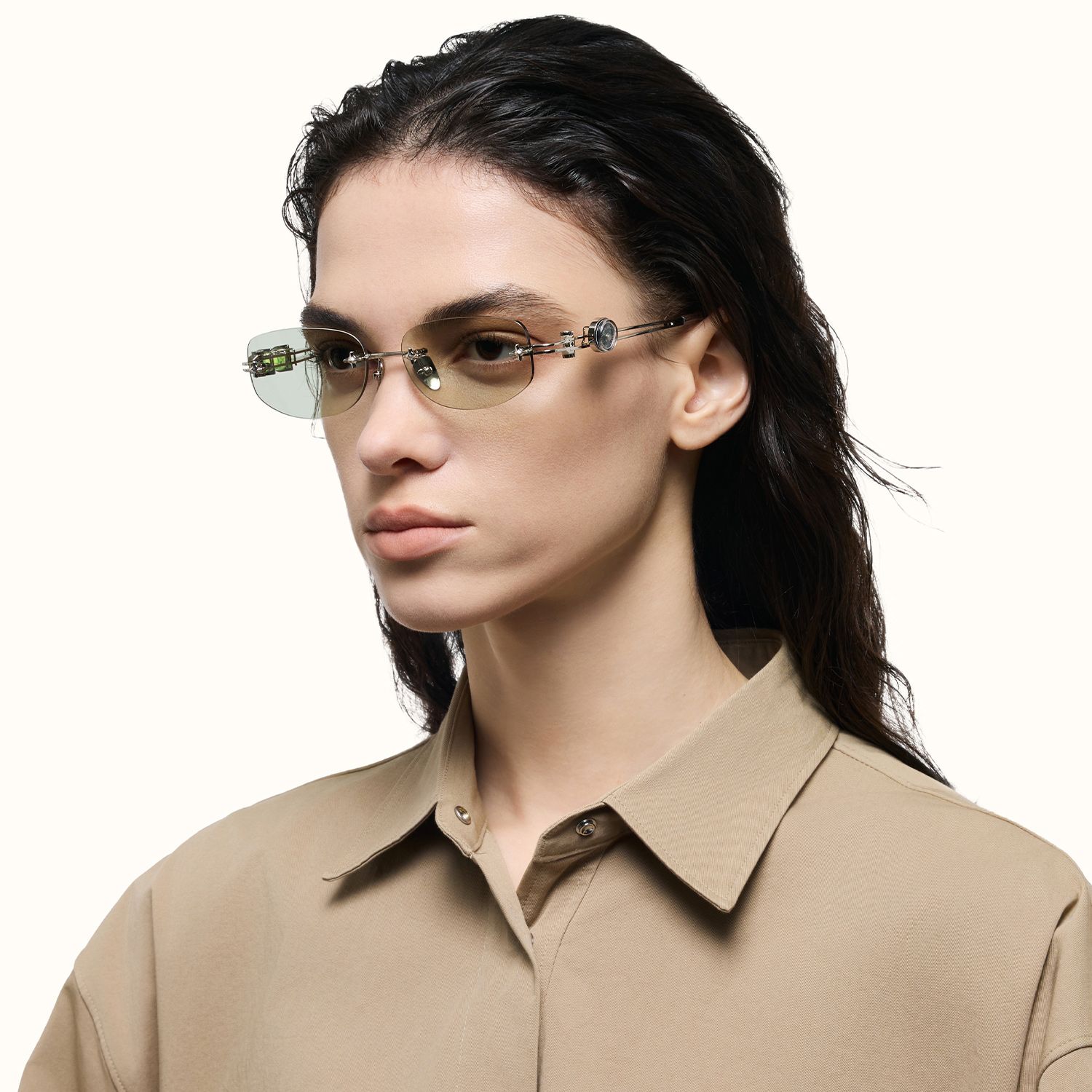 The Utilitarian - Asymmetric Green Tint Sunglasses | Vooglam On Model 5