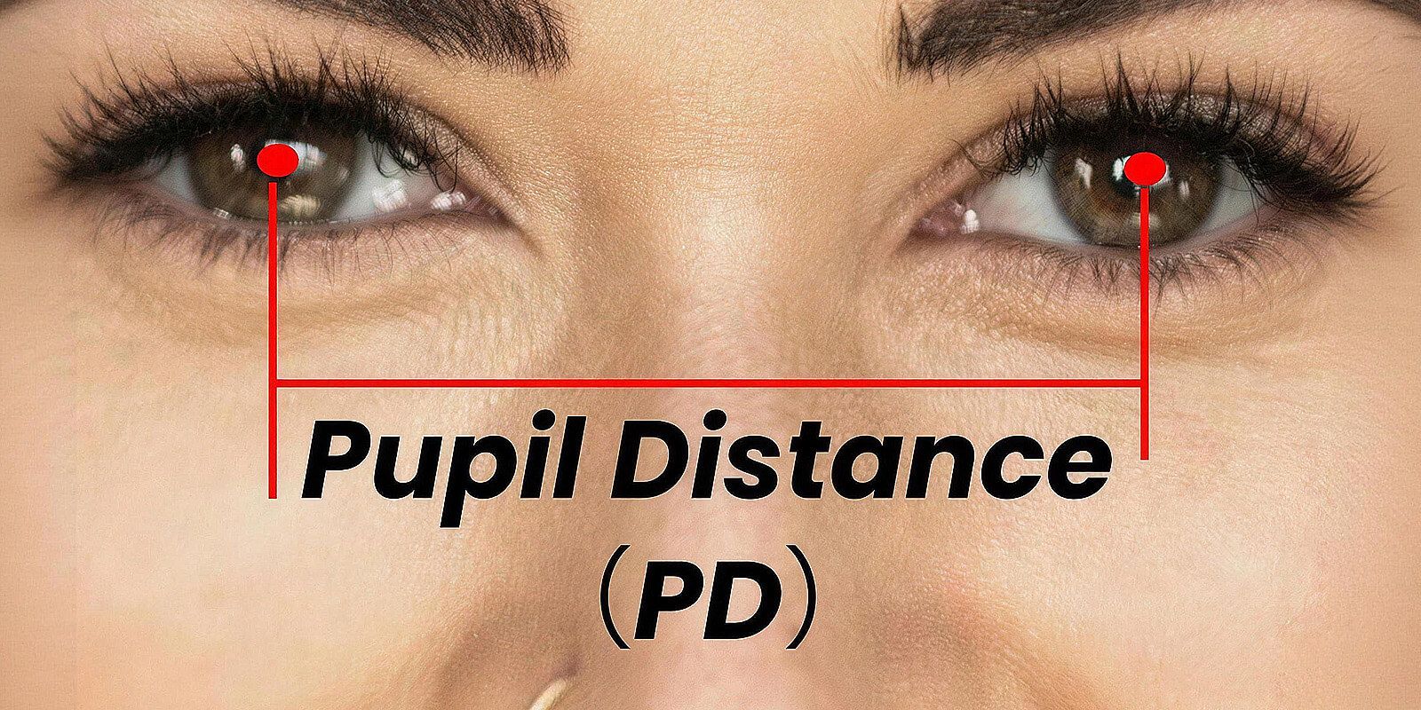 Face of a woman with measurement lines between her pupils labeled as