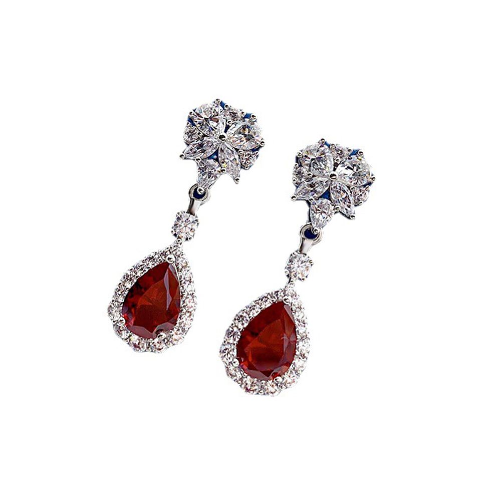 Elegant Ruby Red Waterdrop Pierced Earrings Front View