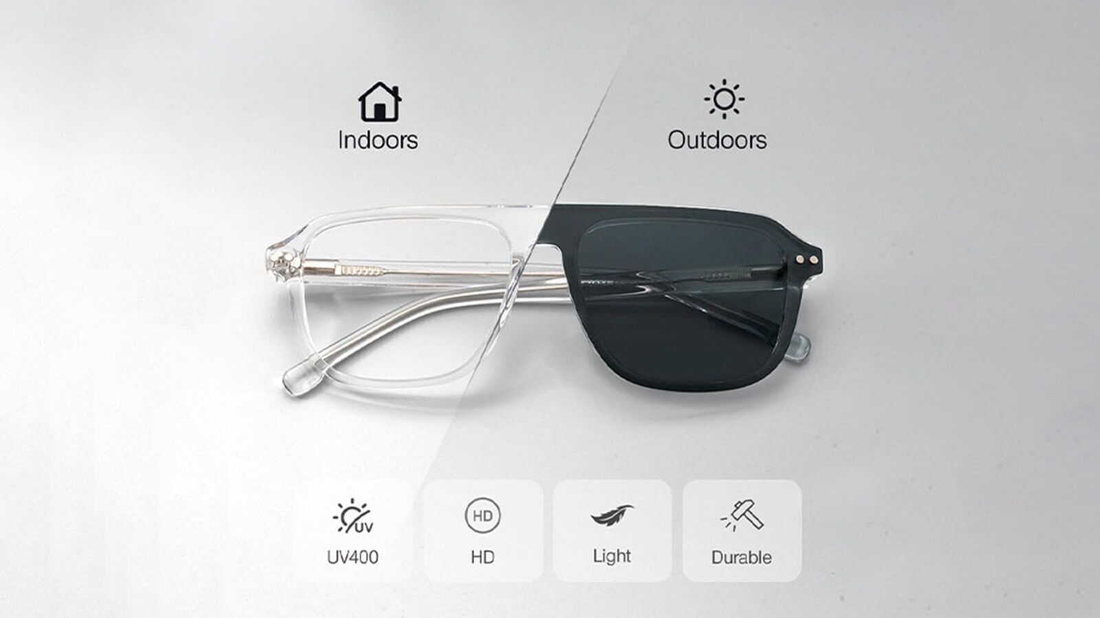 Crystal clear aviator-style glasses with magnetic clip-on sunglasses, shown half indoors and half outdoors. The image features icons indicating UV protection, HD clarity, lightweight design, and durability. The transparent frame paired with adaptable clip-on lenses makes these glasses perfect for individuals who need versatile eyewear that provides both fashion and function.