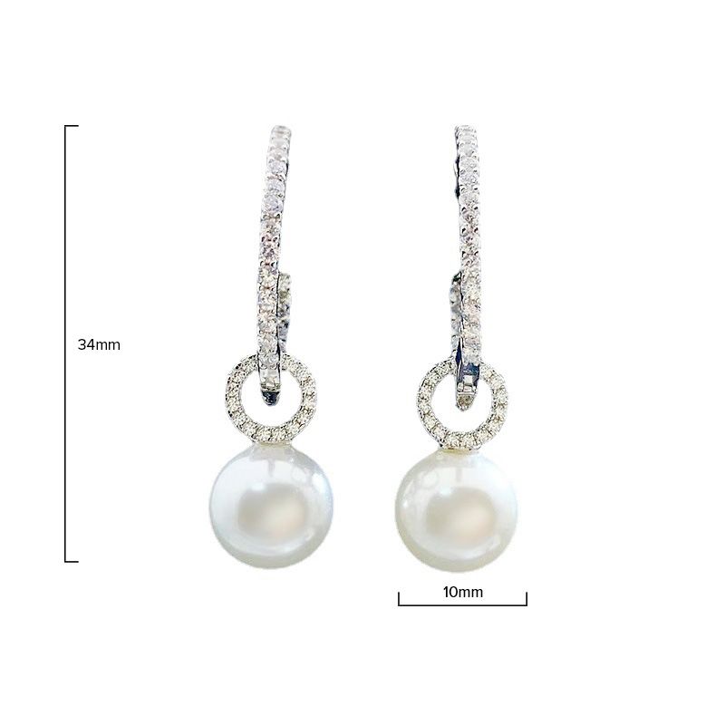 Diamond White Round Pearl Stud Pierced Earrings by Vooglam - Angle View