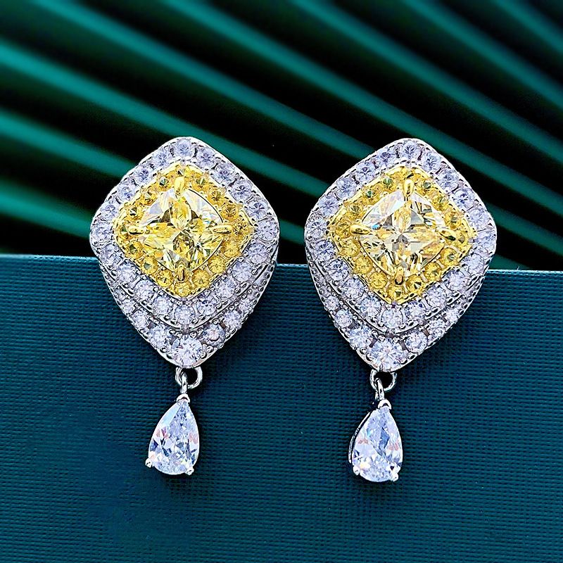 Trendy Fancy Yellow Rhombus Pierced Earrings | Vooglam On Model 1