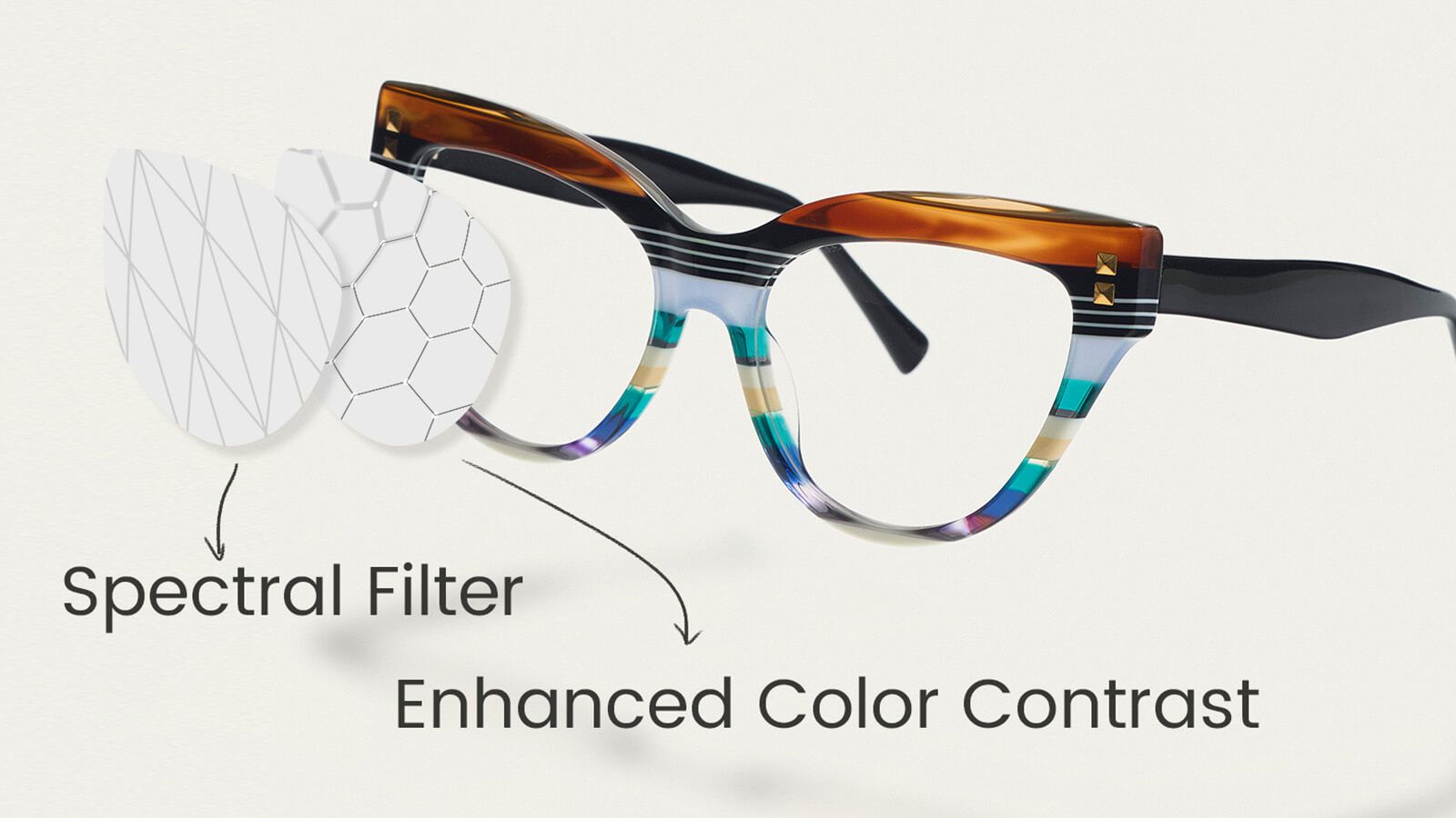 A diagram illustrating how colorblind glasses work, featuring a pair of stylish, multi-colored eyeglass frames.