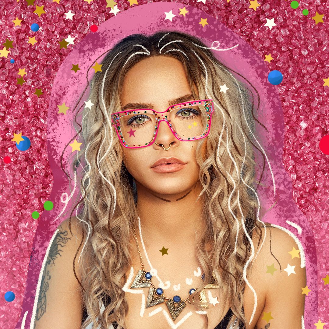 Naiya - Square Pink Glitter Eyeglasses by Vooglam - On Model