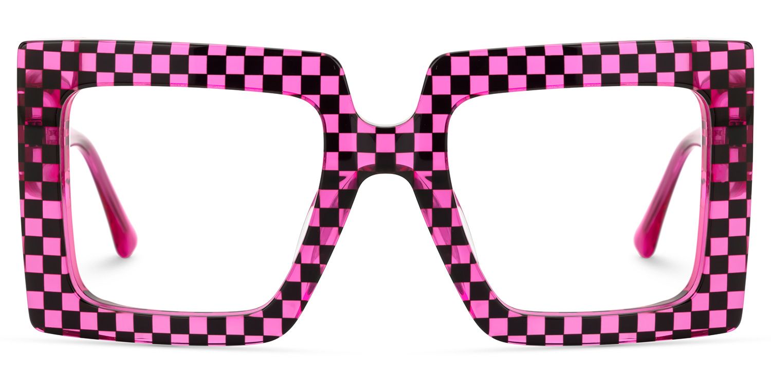 Ferial - Bold Checkered Pink & Square Glasses by Vooglam - Angle View