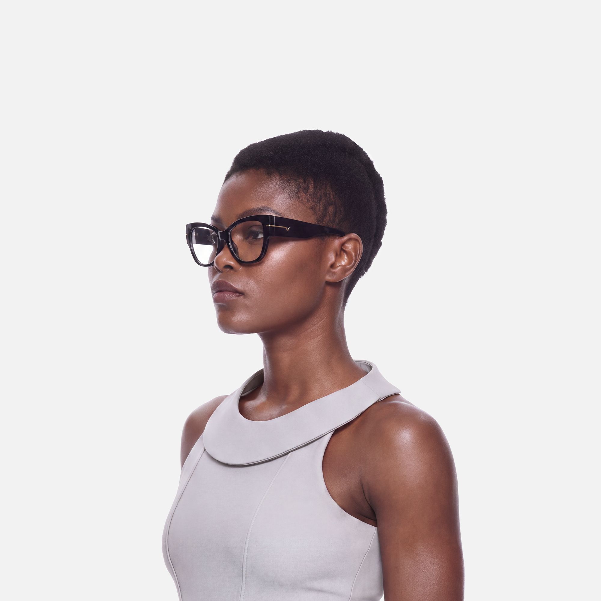 Elektra - Elegant Black & Gold Cat Eye Glasses | Vooglam On Model 3