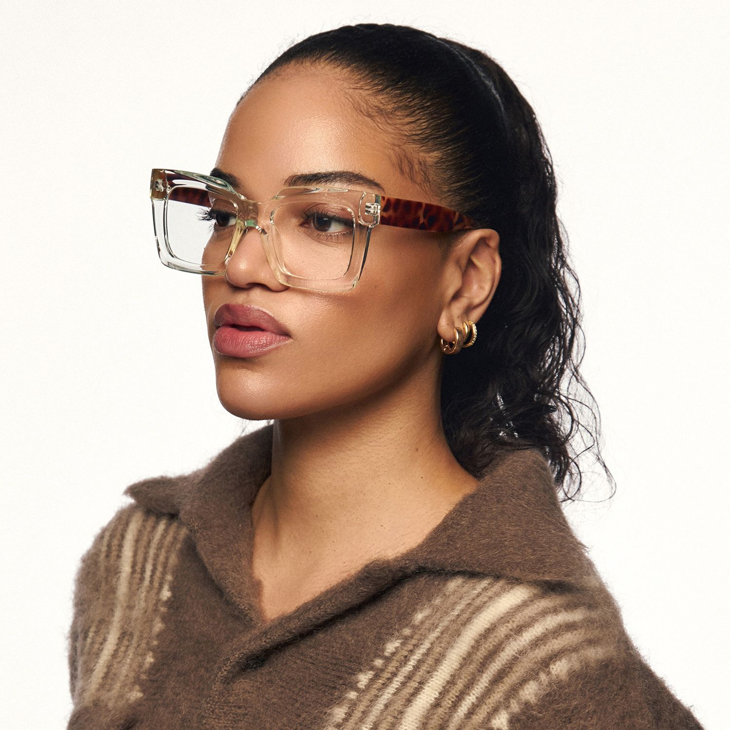 model wearing Pacheco - Clear Square Glasses Tortoiseshell Arms 2