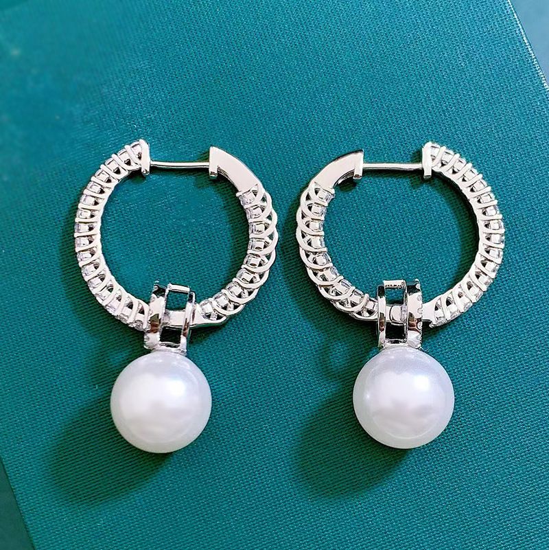 Diamond White Round Pearl Stud Pierced Earrings by Vooglam - On Model