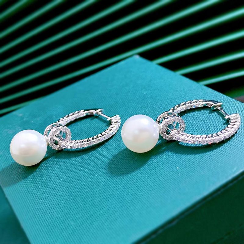 Diamond White Round Pearl Stud Pierced Earrings by Vooglam - Lifestyle Look