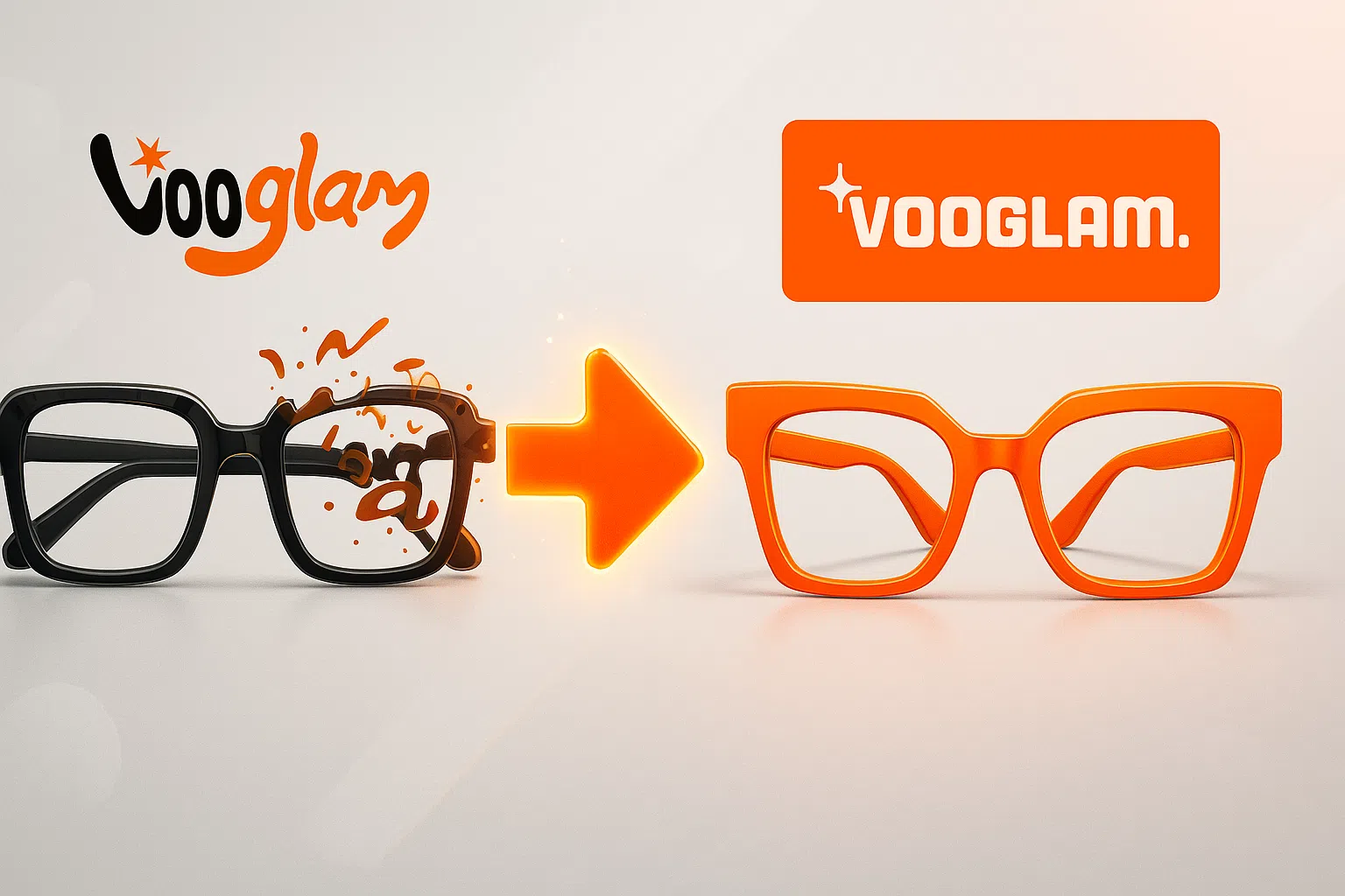 vooglam rebranding design evolution showing the transition from an old logo to the new modern brand asset with statement glasses frames