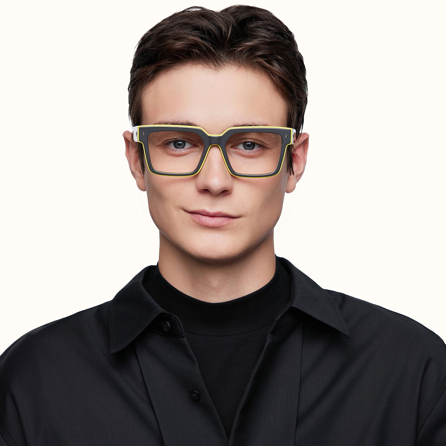 model wearing Havok - Rectangle Gray Eyeglasses 1