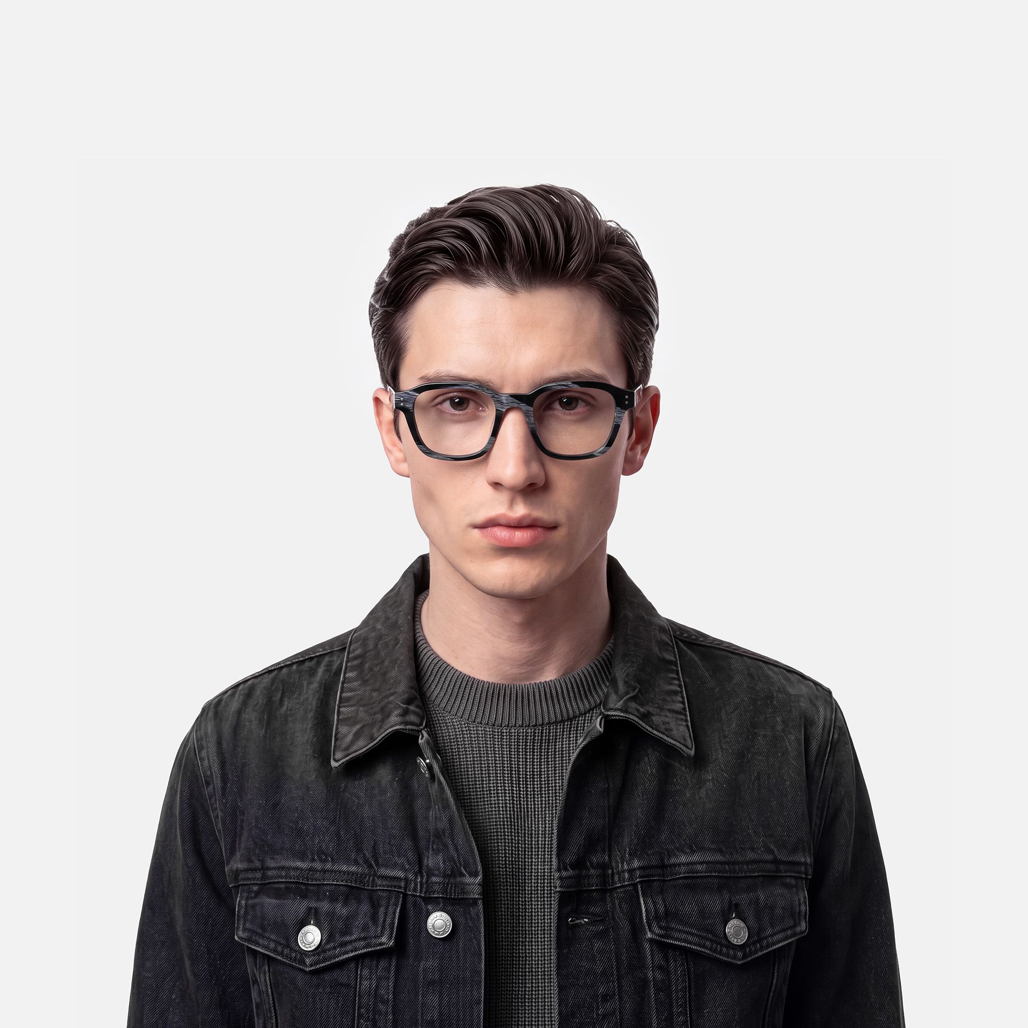 Rainier - Dark Blue Horn Zipper Square Glasses by Vooglam - Lifestyle Look