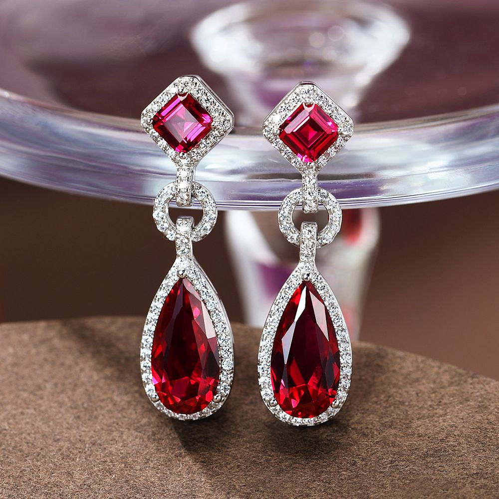 Glamorous Ruby Red Waterdrop Pierced Earrings by Vooglam - On Model