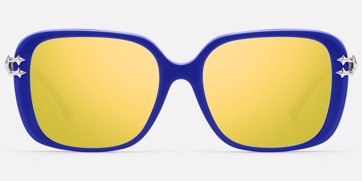 Nova - Bright Blue Gold Mirrored Y2K Star Shades by Vooglam - Angle View