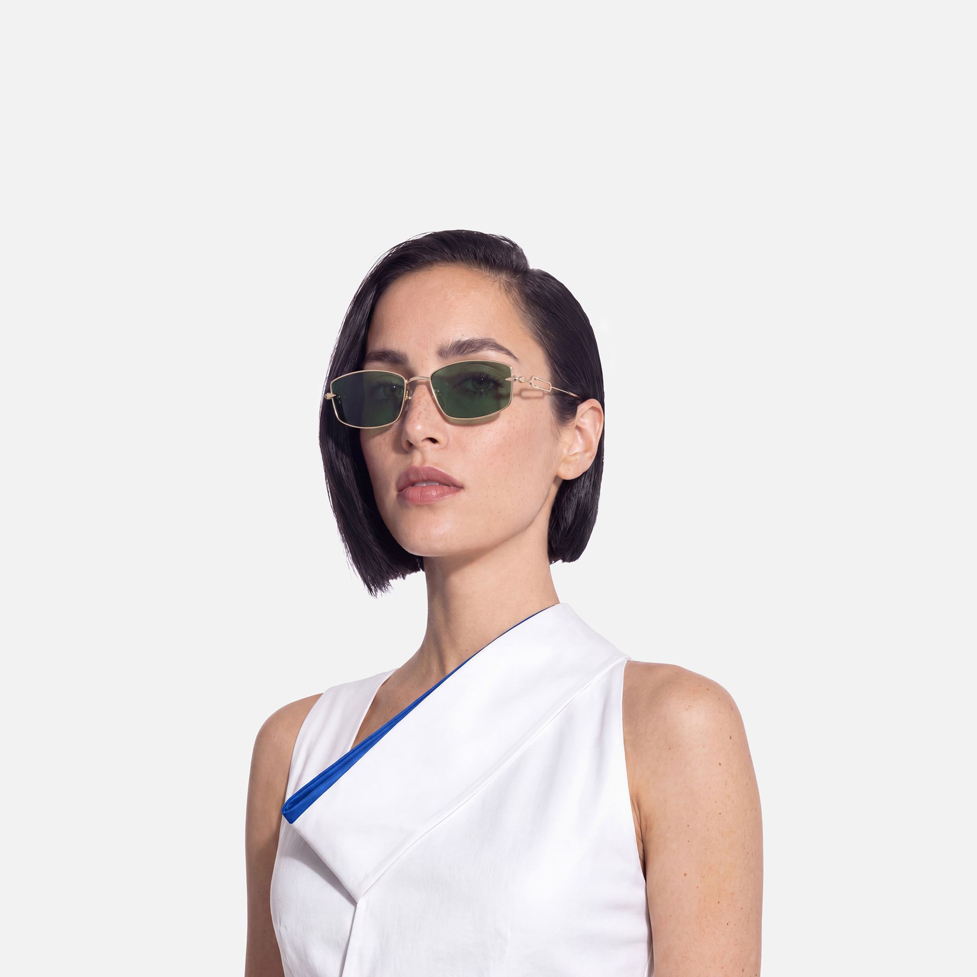 Bladework - Dark Green Tint Narrow Sunglasses by Vooglam - Side View On Model