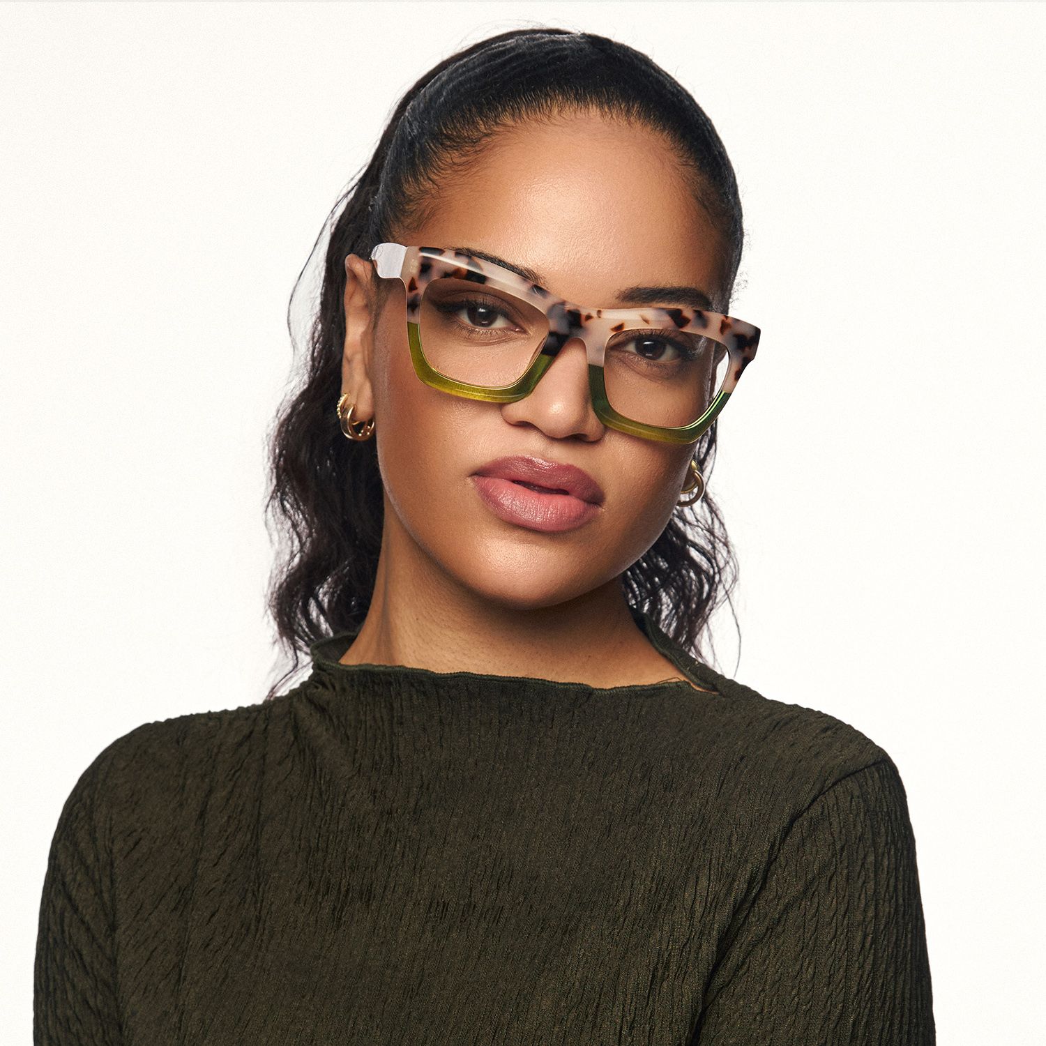 Sienna - Classy Leopard Print & Green Eyeglasses by Vooglam - On Model