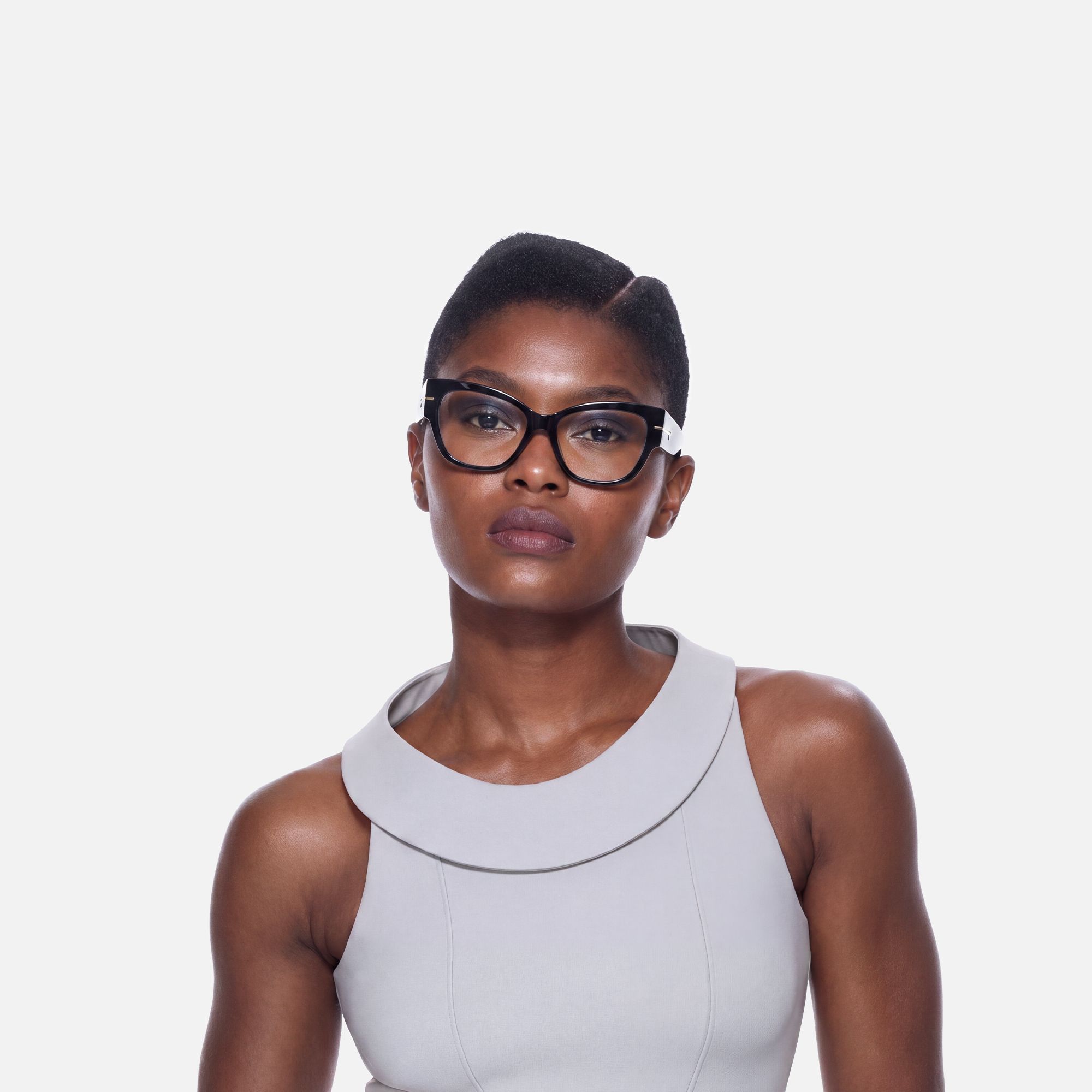 Elektra - Elegant Black & Gold Cat Eye Glasses | Vooglam On Model 1
