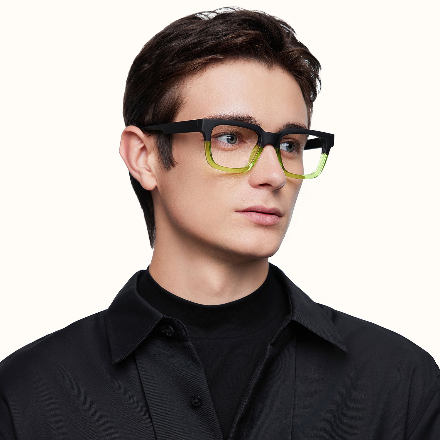 model wearing this clear green and black square glasses