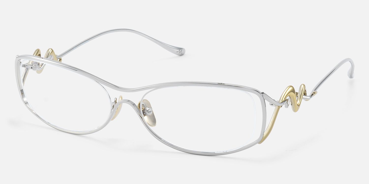 Okinawa - Silver Metal Double Wave Temple Glasses | Vooglam Front View