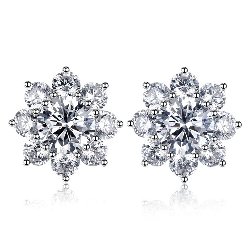 Delicate Diamond White Flower Pierced Earrings by Vooglam - Front View