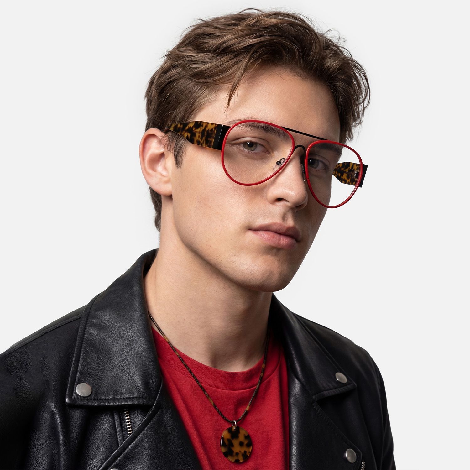 Explore the design story of Novoa - Red Aviator Glasses with Tortoiseshell Temples | Vooglam