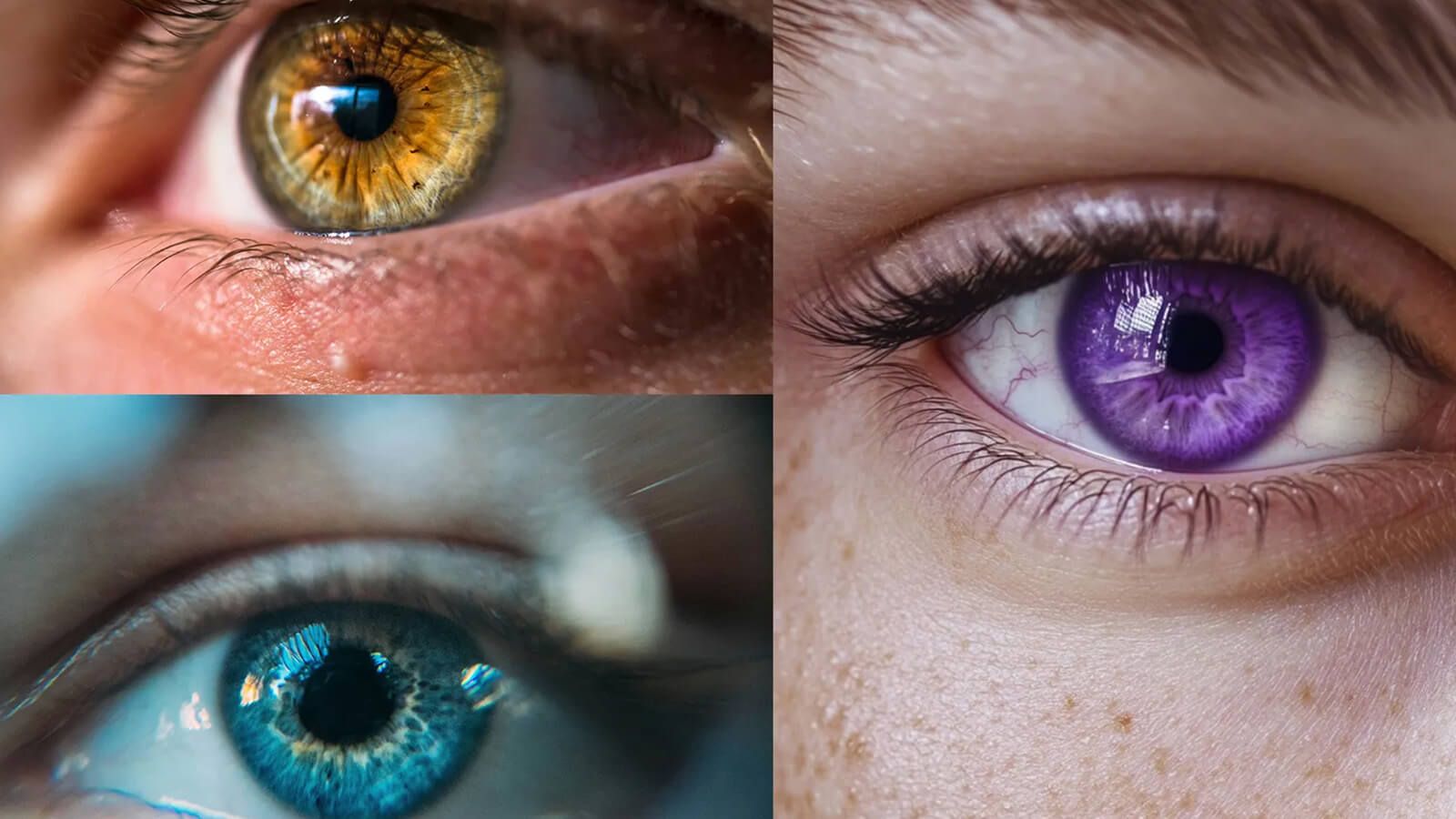 A photo collage of three extreme close-up images of eyes, showcasing a variety of striking colors. 