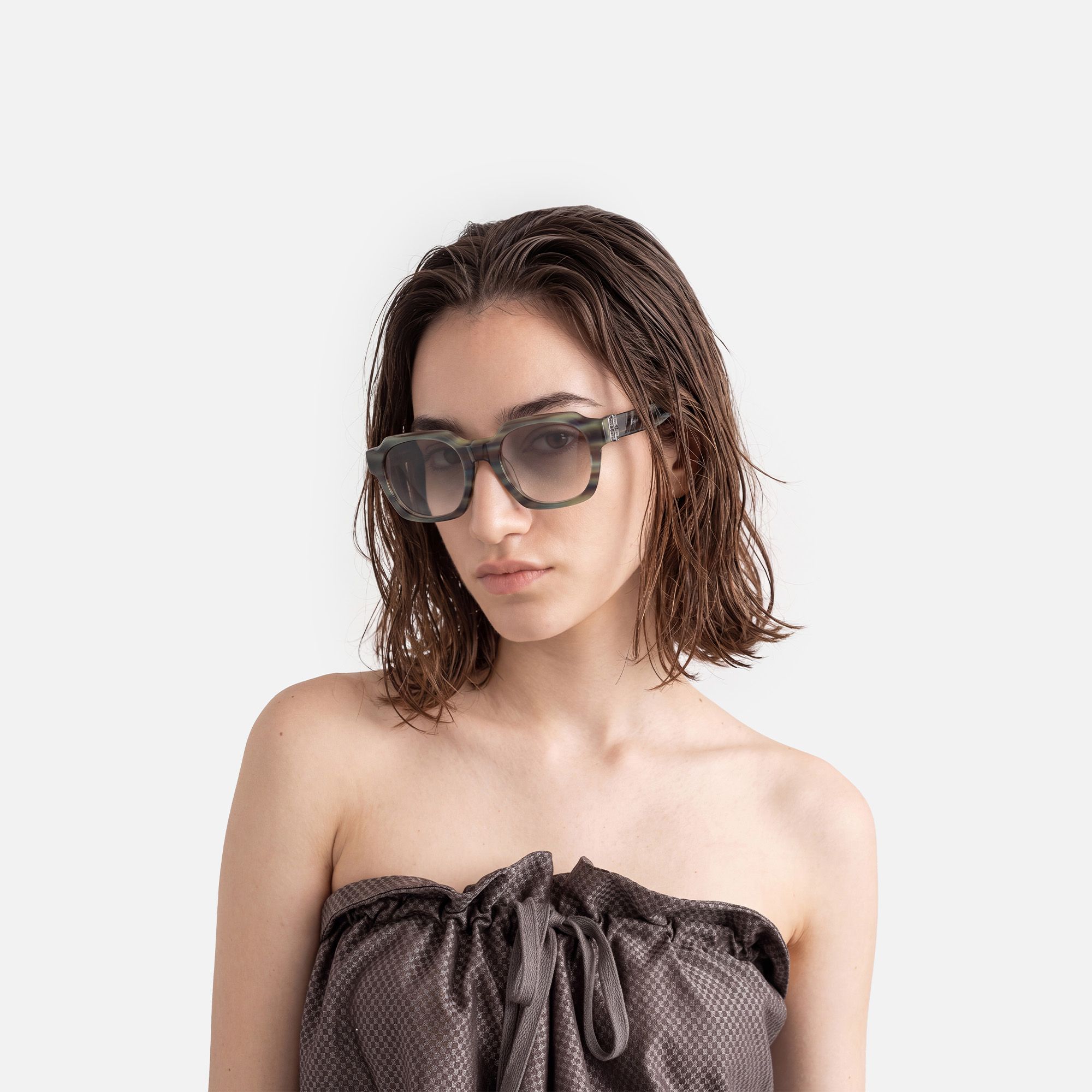 Vernon - Olive Green Striped Gradient Sunglasses by Vooglam - Side View On Model