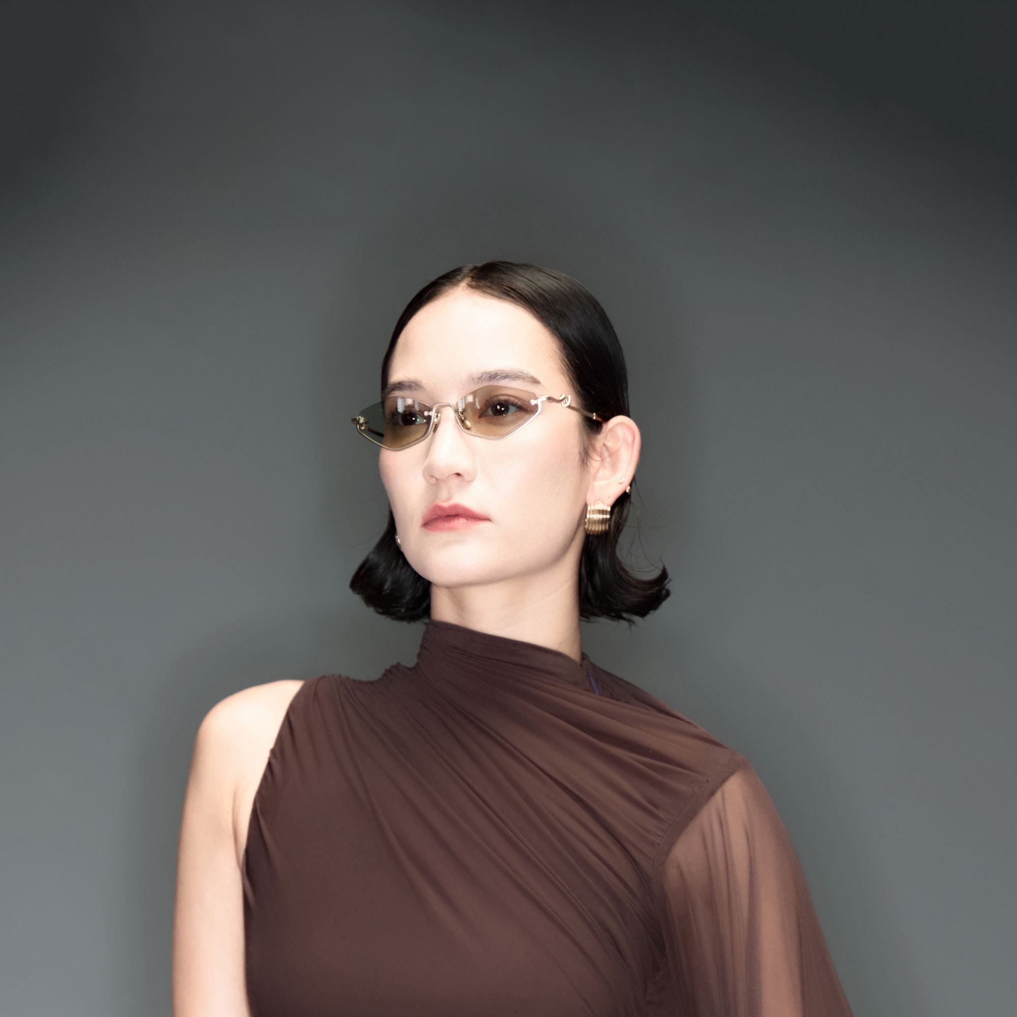 Niseko - Rose Gold Octagon Brown Tinted Sunglasses | Vooglam On Model 1