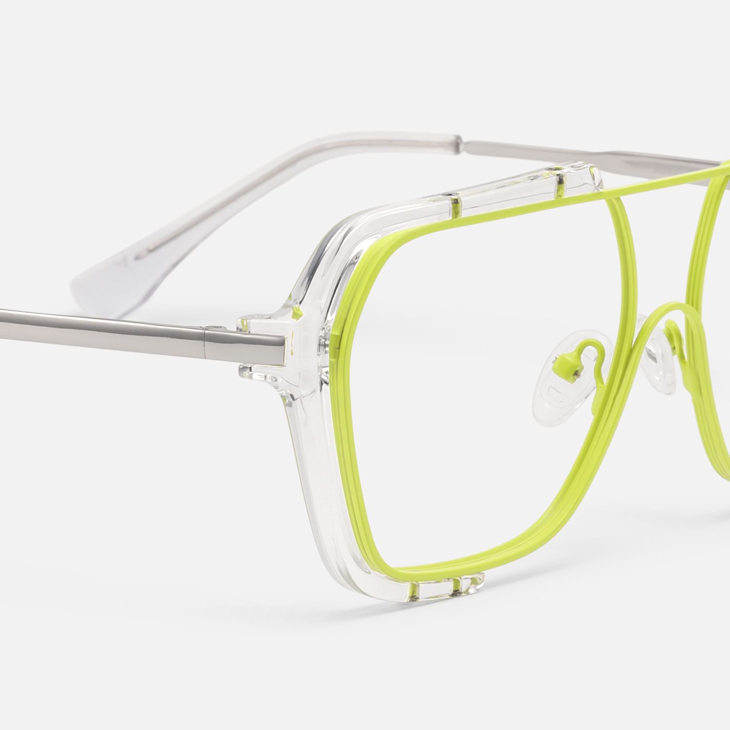 Porsha - Clear & Neon Green Flat-Top Aviator Glasses by Vooglam - Design Details