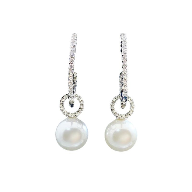 Diamond White Round Pearl Stud Pierced Earrings by Vooglam - Front View