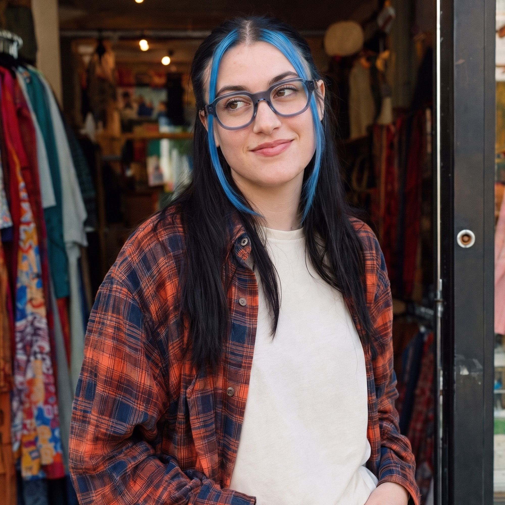 y2k looks with transparent navy blue rounded glasses