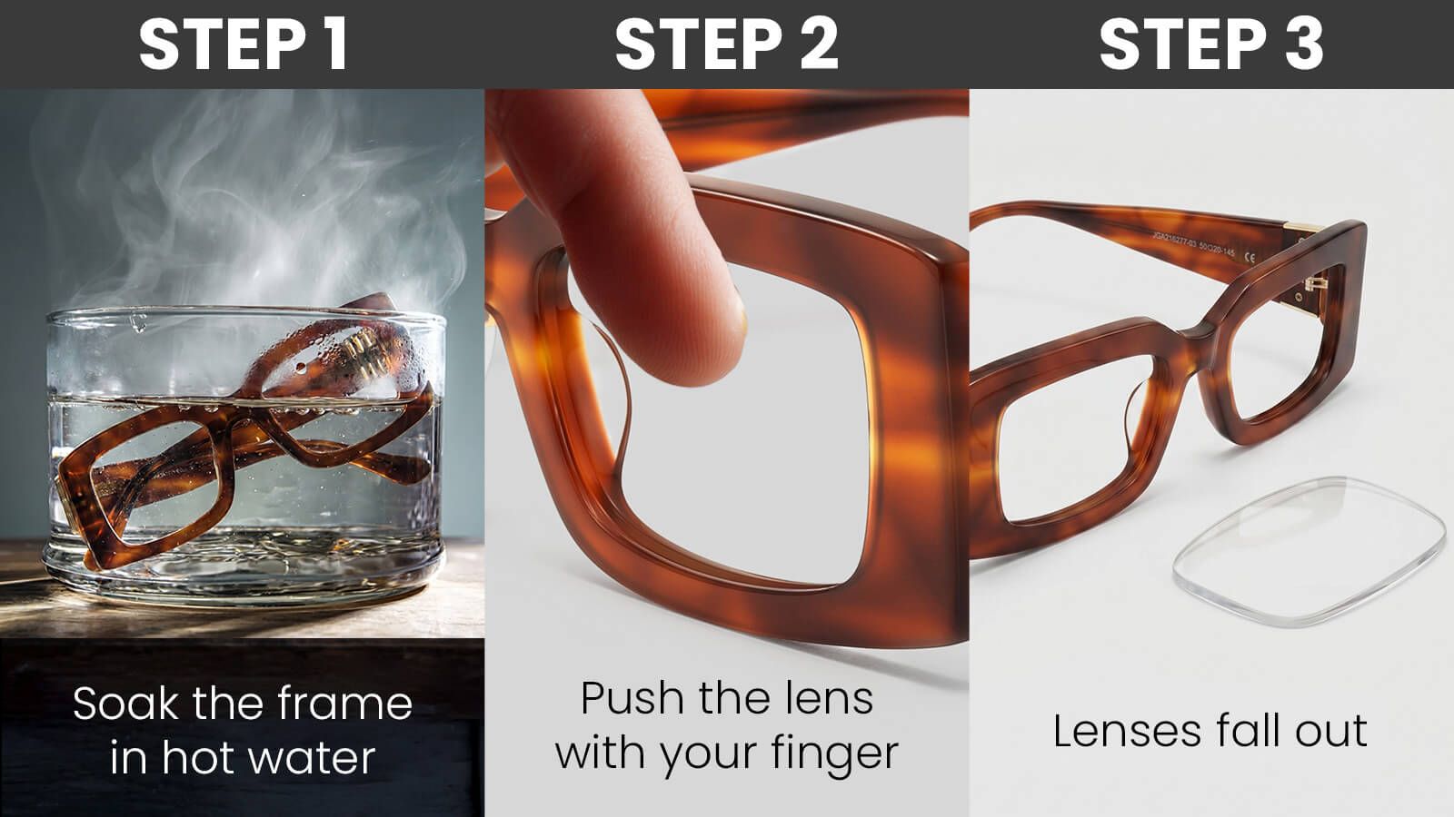 A three-panel infographic demonstrating a DIY method for removing lenses from eyeglass frames.