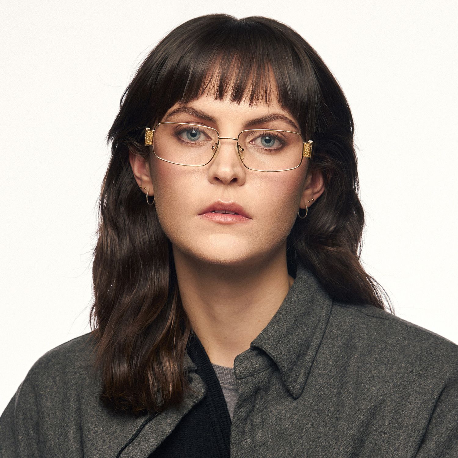 Alexandra - Rectangle Gold Eyeglasses | Vooglam On Model 1