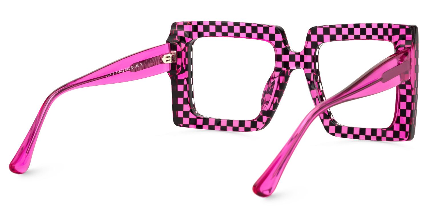 Ferial - Bold Checkered Pink & Square Glasses by Vooglam - Side View