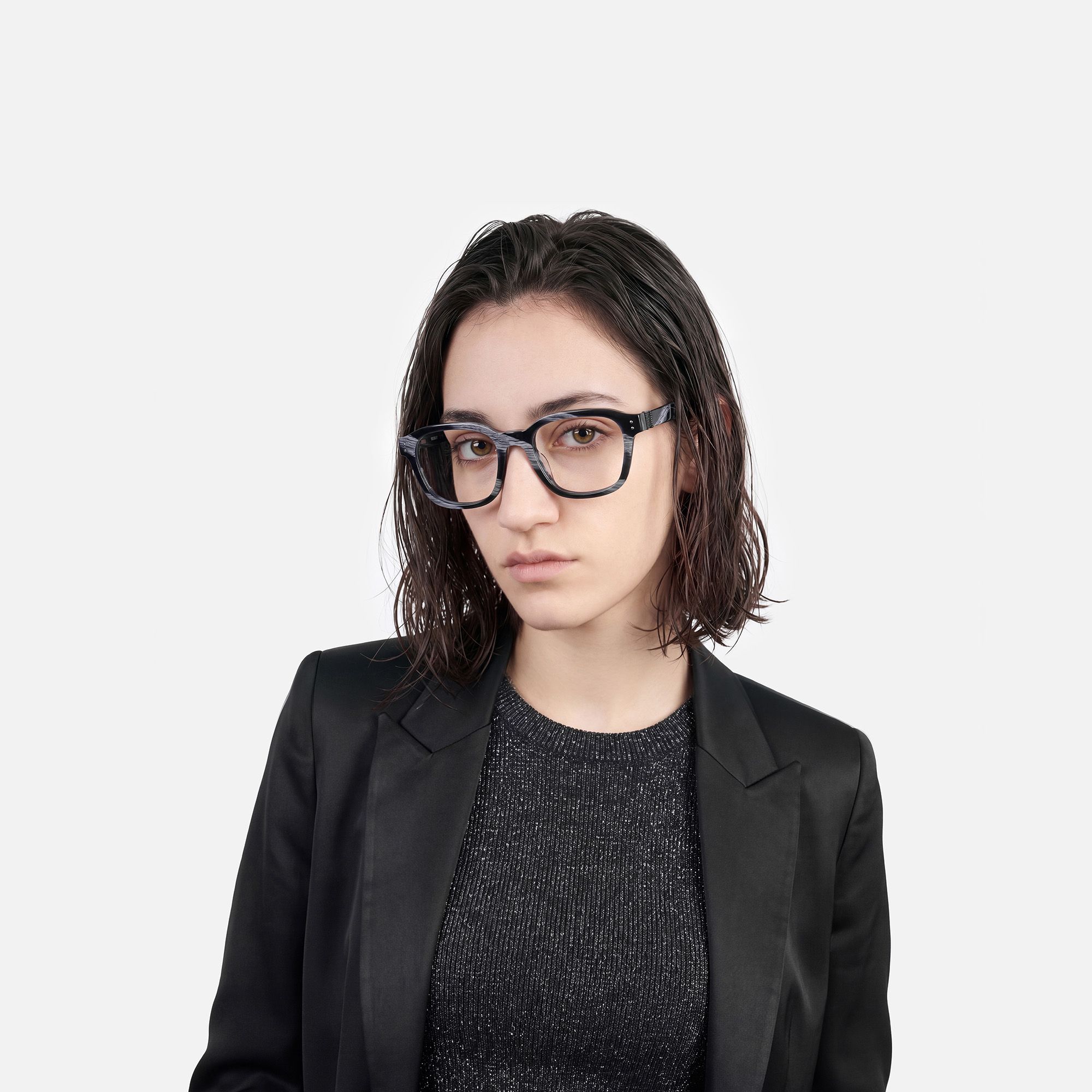 Rainier - Dark Blue Horn Zipper Square Glasses by Vooglam - Side View On Model