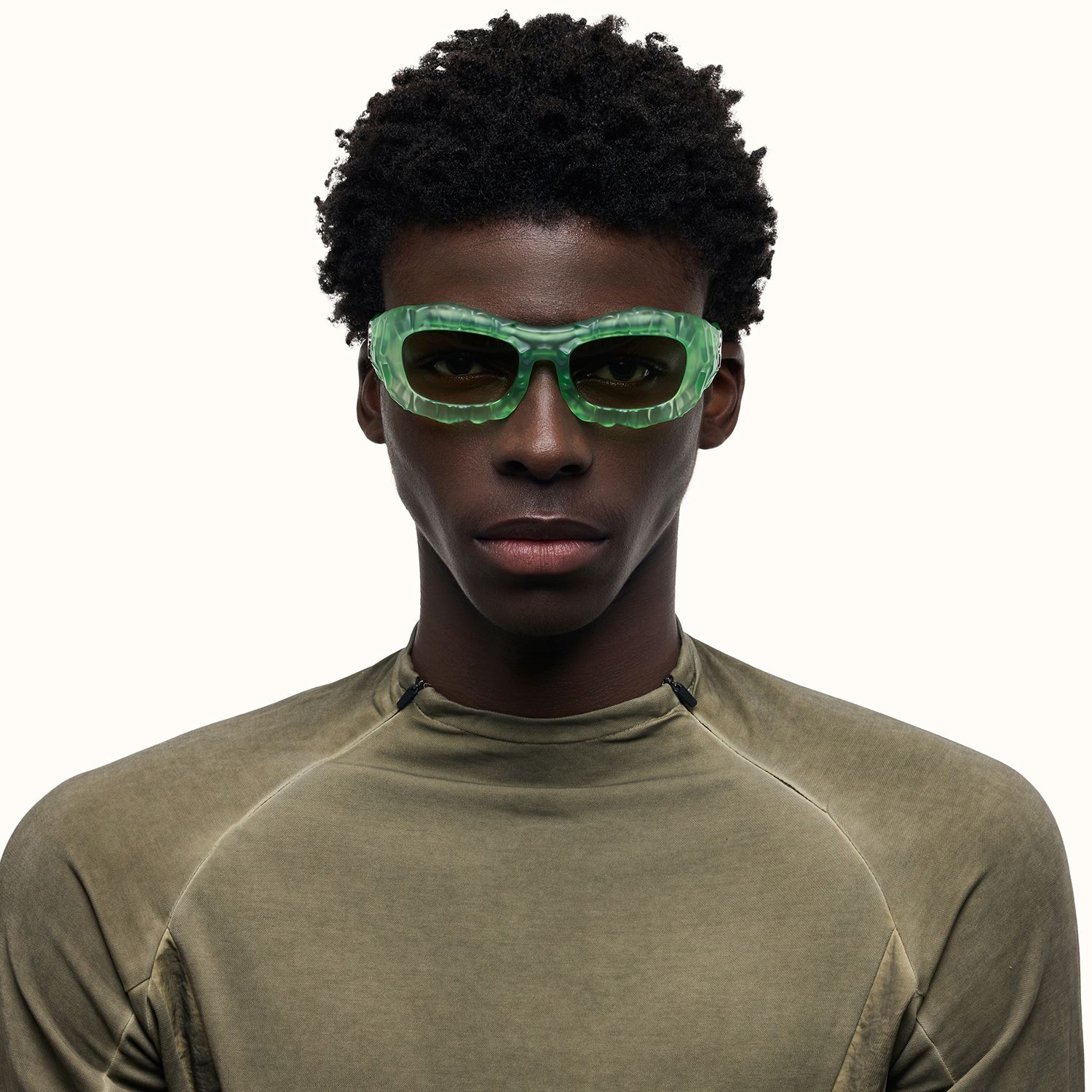 The Geologist - Green Tint Transparent Sunglasses | Vooglam On Model 2