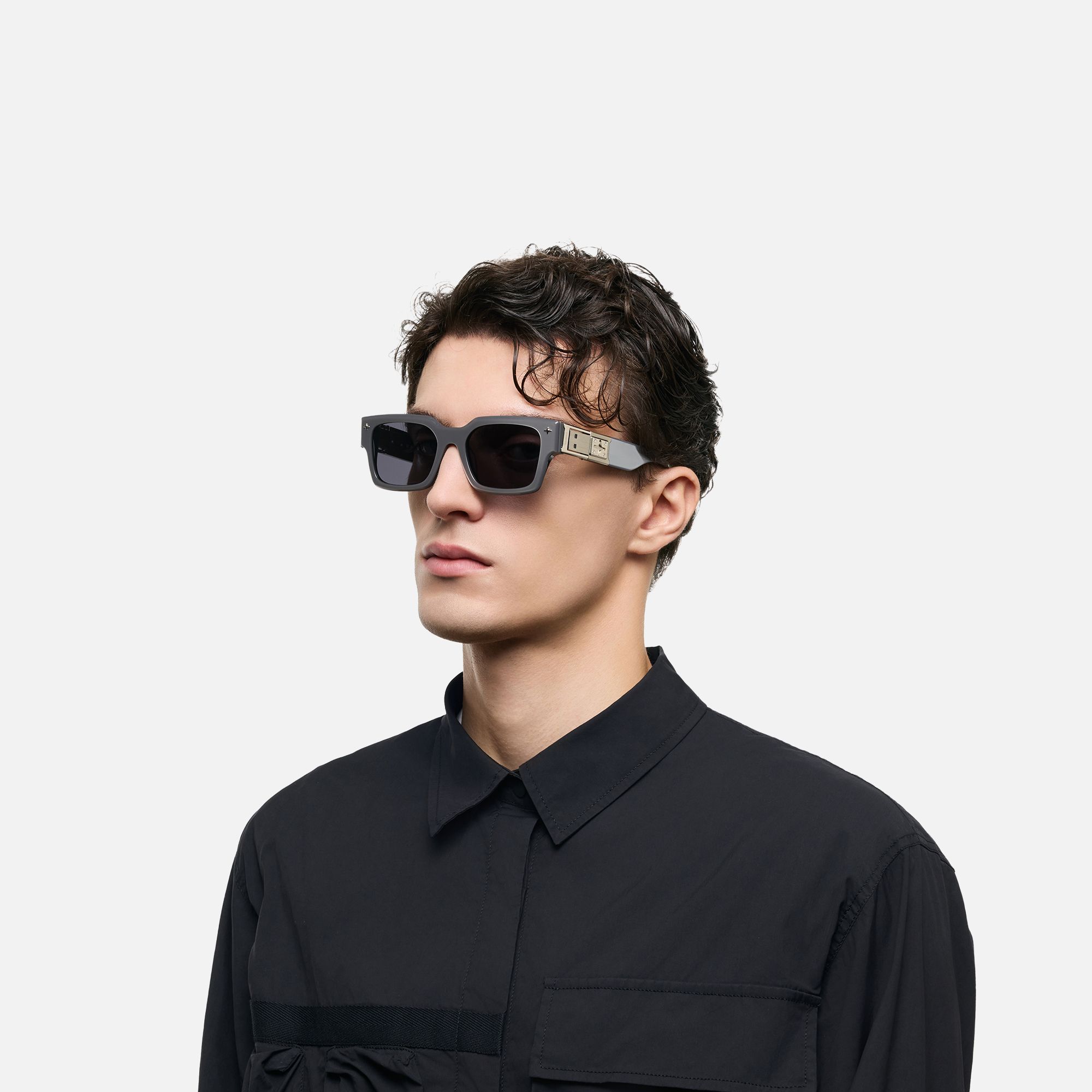 The Programmer - Bold Silver USB Sunglasses | Vooglam On Model 4