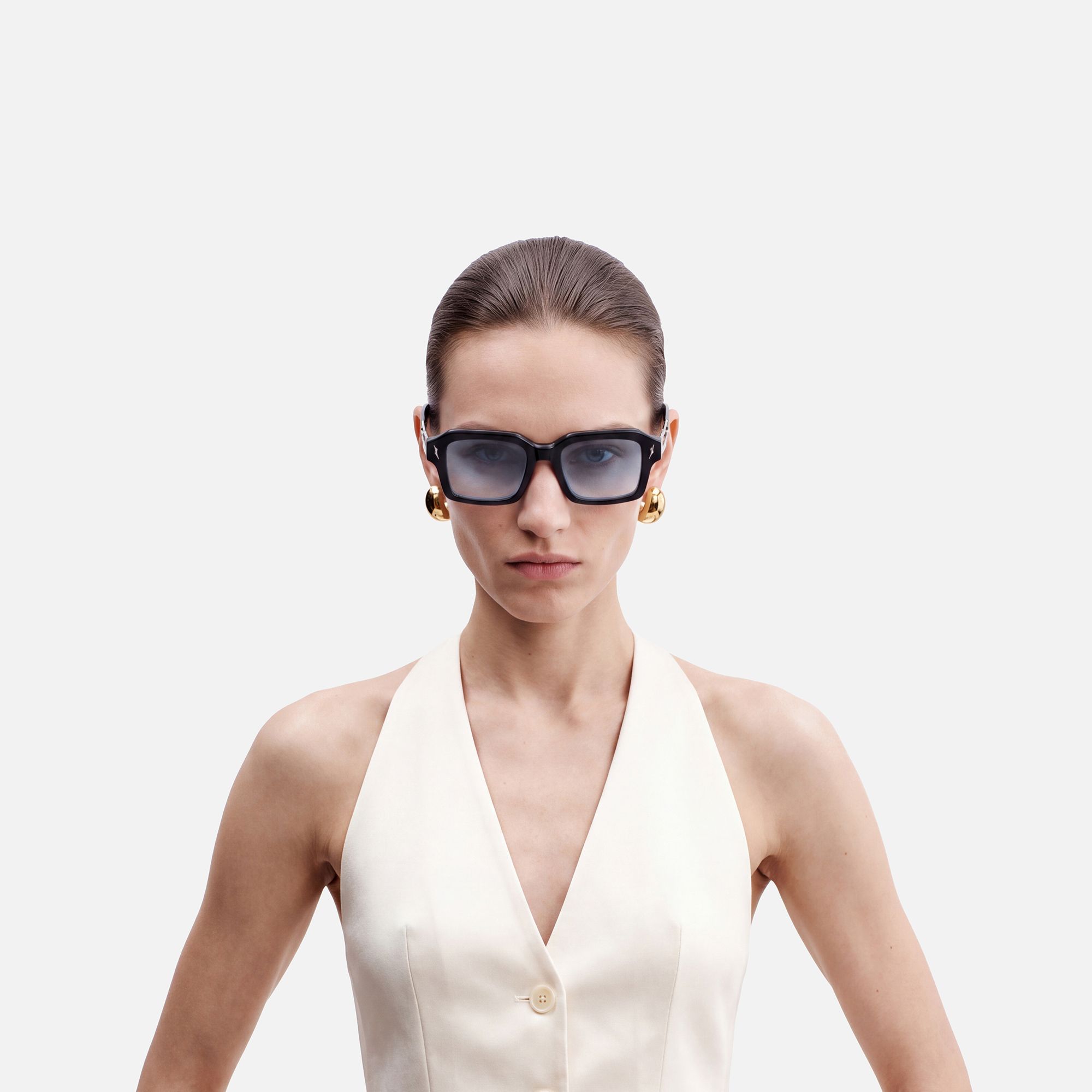 Blindspot - Gradient Gray Safety Pin Sunglasses | Vooglam On Model 1