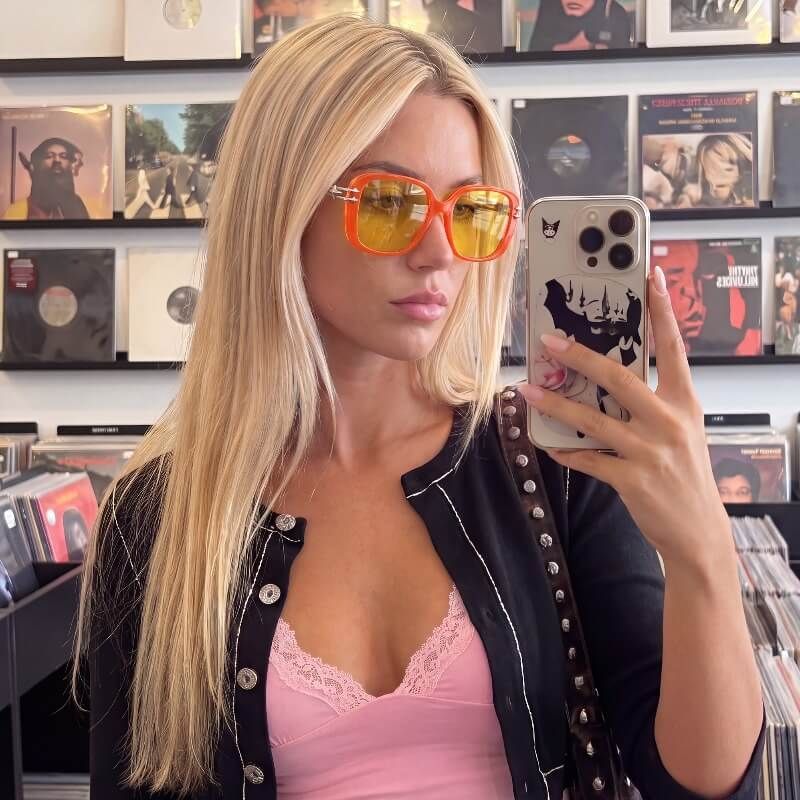 Nova y2k glasses: rounded square glasses with neon orange frames and customizable tinted lenses, prescription supported